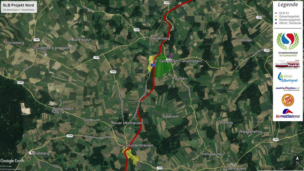 Trassenführung der vorgeschlagenen Strecke zwischen Ranshofen und Lamprechtshausen