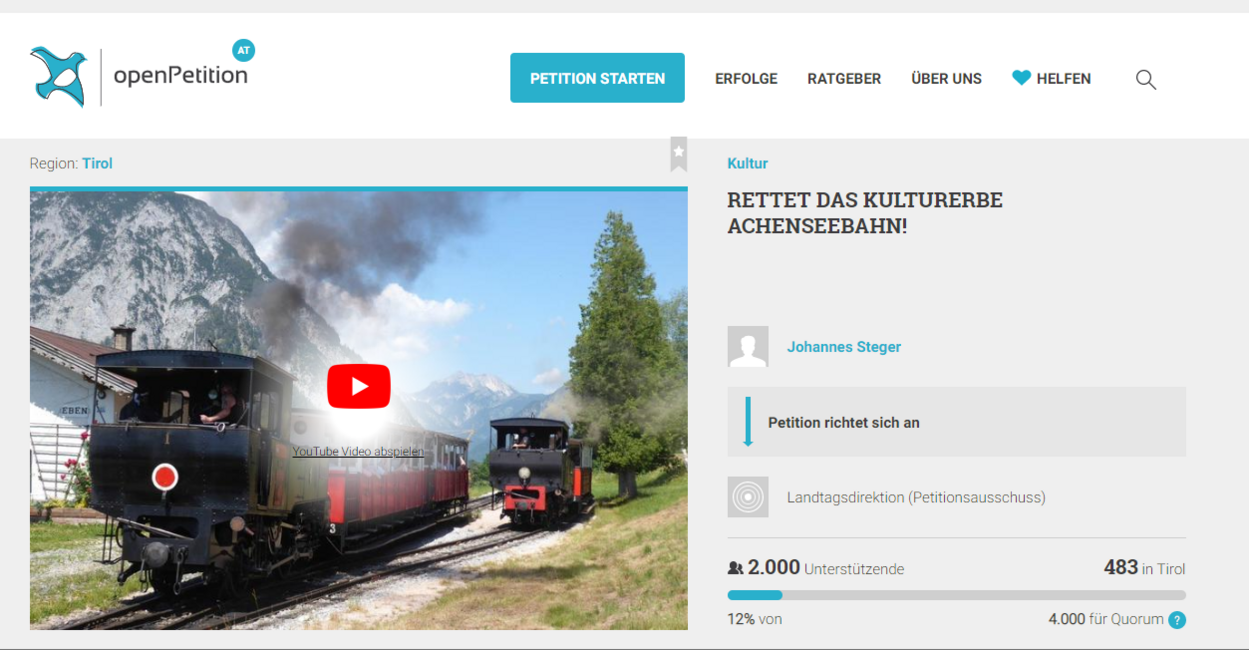Screenshot Internet-Petition Achenseebahn
