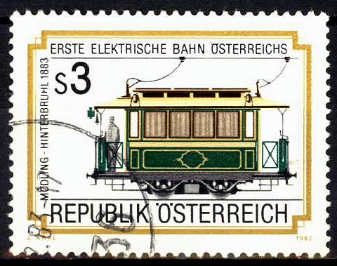 Briefmarke der Post zum Jubiläum 1983 "erste elektrische Bahn Österreichs Mödling - Hinterbrühl